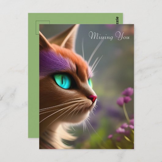 Carte Postale Adorable chat Kitty, Yeux Turquoise - Vous Manquan (Devant / Derrière)