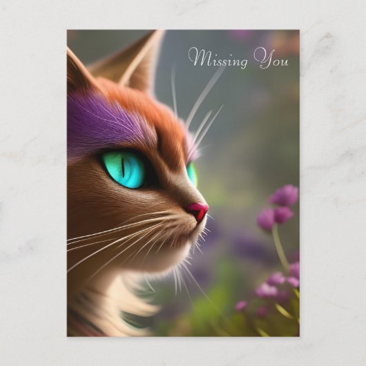 Carte Postale Adorable chat Kitty, Yeux Turquoise - Vous Manquan (Devant)