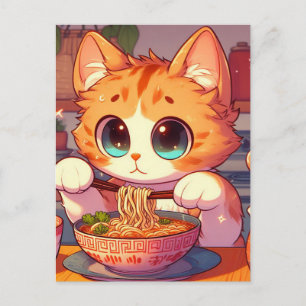 Carte Postale Adorable Chat manger des nouilles de Ramen