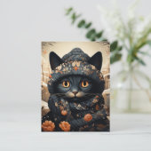 Carte Postale Adorable Chat noir dans une Écharpe et Casquette (Debout devant)