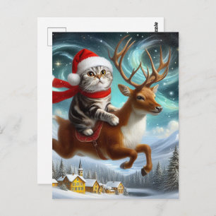 Carte Postale Adorable Chat Père Noël et Reindeer Noël