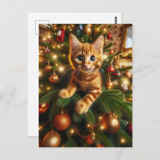 Carte Postale Adorable chaton au gingembre dans un arbre de Noël (Devant / Derrière)