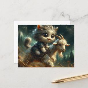 Carte Postale adorable chaton gris chevauchant une chèvre
