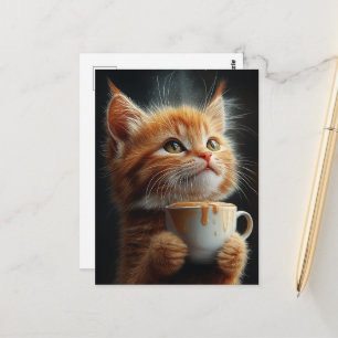 Carte Postale Adorable chaton roux avec un café au caramel
