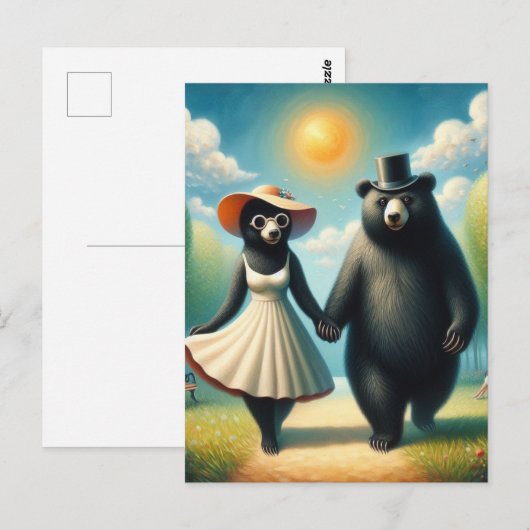 Carte Postale Adorable Couple d'ours en promenade dans le parc (Devant / Derrière)
