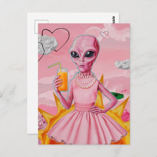 Carte Postale Adorable dame Alien en rose avec jus d'orange (Devant / Derrière)
