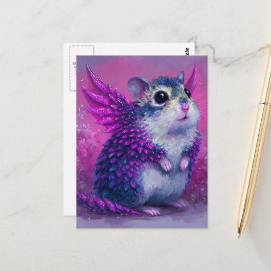 Carte Postale Adorable Dragon Hamster Rose (Devant/Arrière en situation)