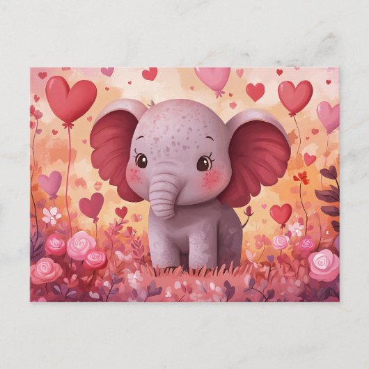 Carte Postale Adorable Eléphant Calf Coeurs & Fleurs (Devant)