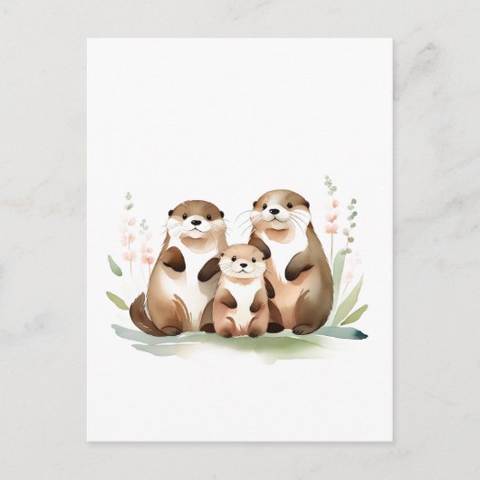 Carte Postale Adorable Famille De Otter Avec Fleurs (Devant)