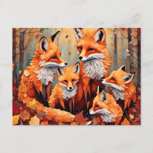Carte Postale Adorable famille Renard Rouge en automne