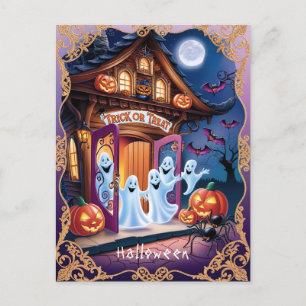 Carte Postale Adorable Fantômes d'Halloween à la porte