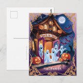 Carte Postale Adorable Fantômes d'Halloween à la porte (Devant / Derrière)