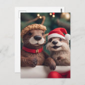 Carte Postale Adorable Festif Otters de Noël (Devant / Derrière)