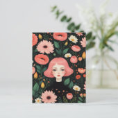 Carte Postale Adorable fille avec cheveux roses dans les fleurs (Debout devant)