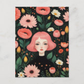 Carte Postale Adorable fille avec cheveux roses dans les fleurs (Devant)