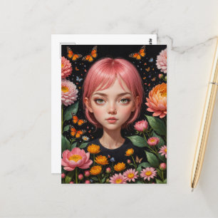 Carte Postale Adorable fille avec cheveux roses dans les fleurs