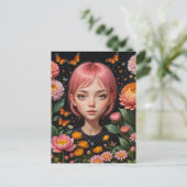 Carte Postale Adorable fille avec cheveux roses dans les fleurs (Debout devant)
