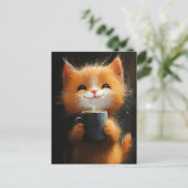 Carte Postale Adorable Ginger Cat avec café (Debout devant)