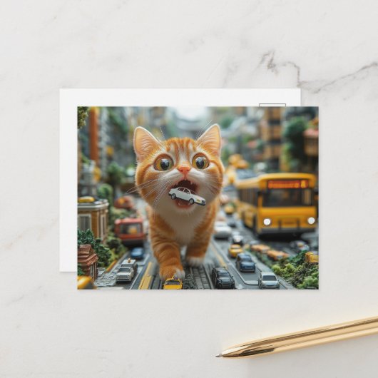 Carte Postale Adorable Ginger Cat Mange Une Voiture (Devant/Arrière en situation)