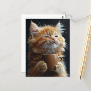 Carte Postale Adorable Ginger Kitten avec café