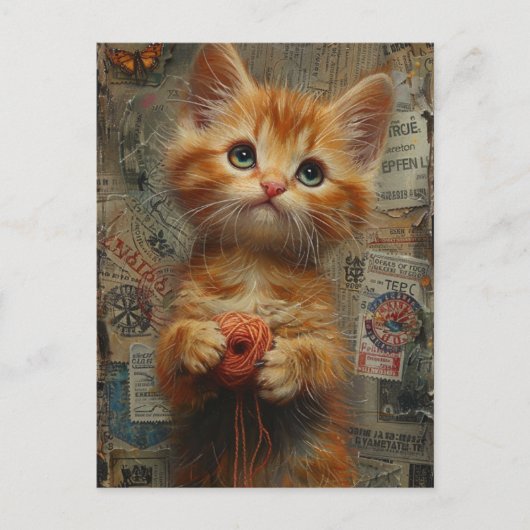 Carte Postale Adorable Ginger Kitten avec collage en fil (Devant)