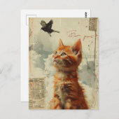 Carte Postale Adorable Ginger Kitten Avec Oiseau Noir Mélange Mé (Devant / Derrière)