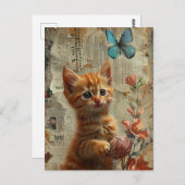 Carte Postale Adorable Ginger Kitten Avec papillon bleu Fil (Devant / Derrière)