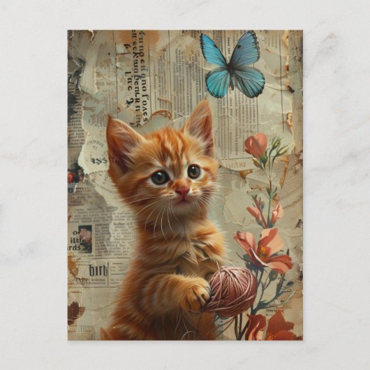 Carte Postale Adorable Ginger Kitten Avec papillon bleu Fil (Devant)