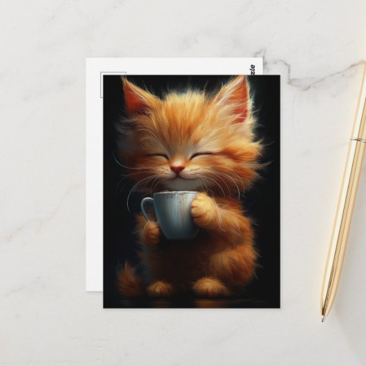Carte Postale Adorable Ginger Kitty avec un café (Devant/Arrière en situation)