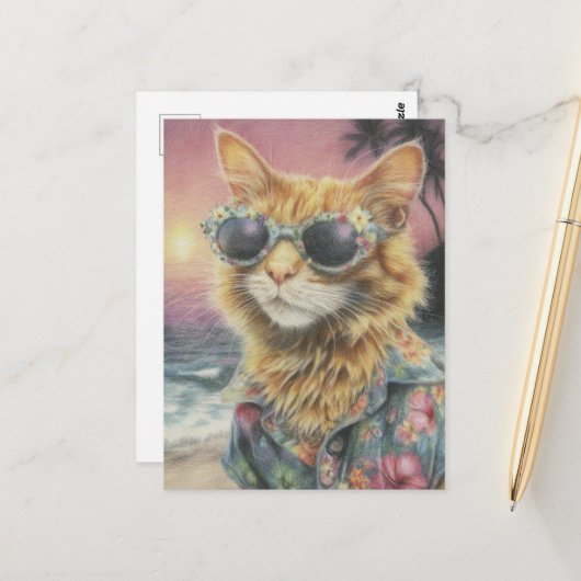 Carte Postale Adorable Ginger Kitty en Lunettes de soleil (Devant/Arrière en situation)