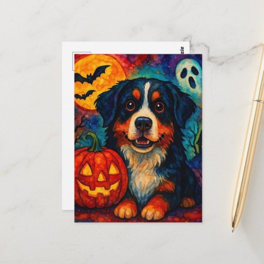 Carte Postale Adorable Halloween Bernese Mountain Dog (Devant/Arrière en situation)