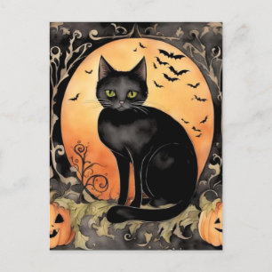 Carte Postale Adorable Halloween Chat noir aquarelle