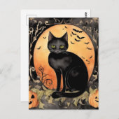 Carte Postale Adorable Halloween Chat noir aquarelle (Devant / Derrière)