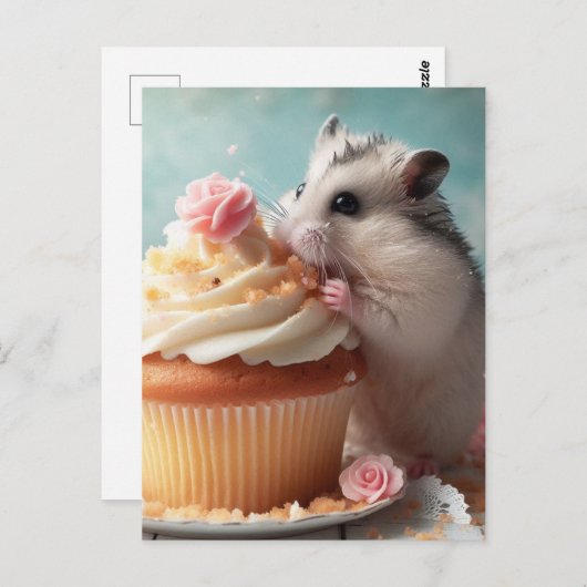 Carte Postale Adorable hamster manger cupcake (Devant / Derrière)
