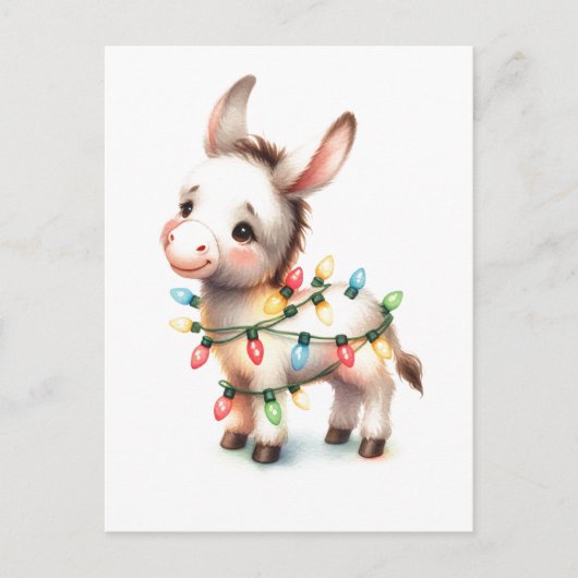 Carte Postale Adorable Joyeux Noël Donkey Aquarelle Lumières (Devant)