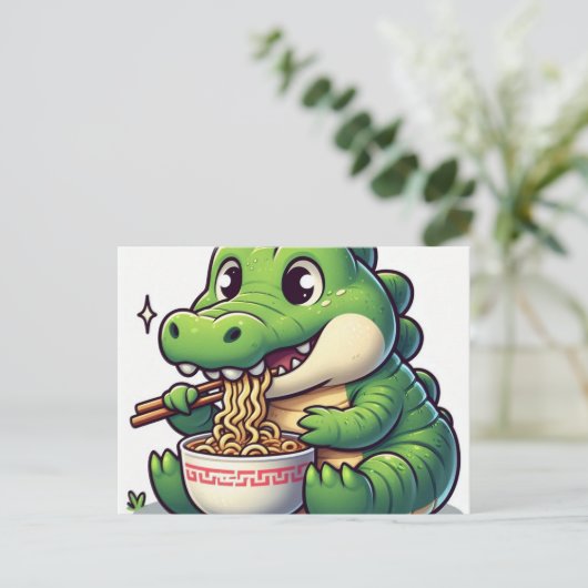 Carte Postale Adorable Kawaii Alligator Manger Ramen (Debout devant)