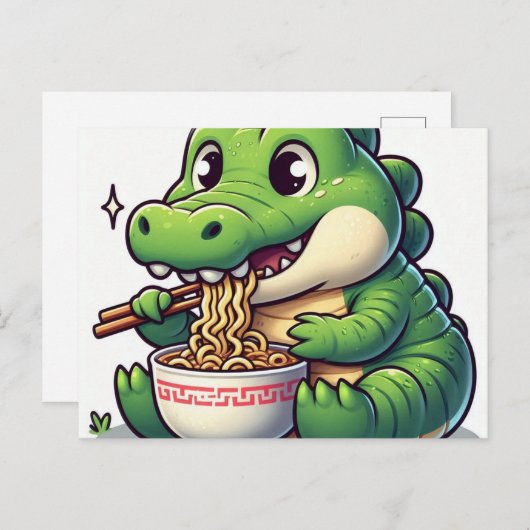 Carte Postale Adorable Kawaii Alligator Manger Ramen (Devant / Derrière)