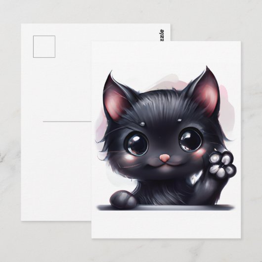 Carte Postale Adorable Kawaii Chat noir (Devant / Derrière)