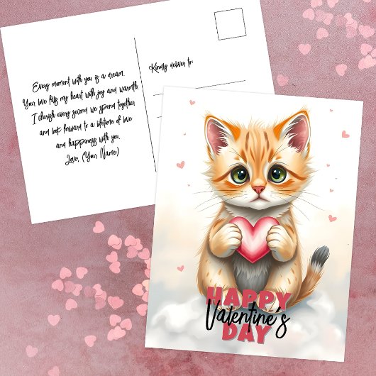 Carte Postale Adorable Kitten avec coeur rose Saint-Valentin