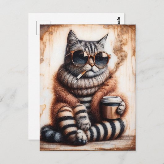 Carte Postale Adorable Kitty avec café (Devant / Derrière)