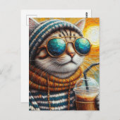 Carte Postale Adorable Kitty avec un café glacé (Devant / Derrière)