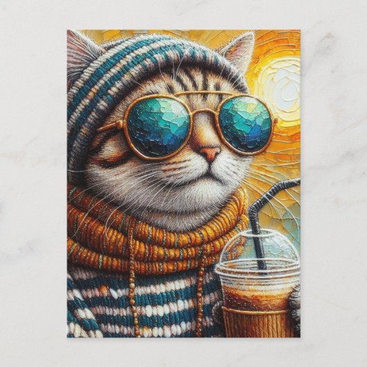 Carte Postale Adorable Kitty avec un café glacé (Devant)