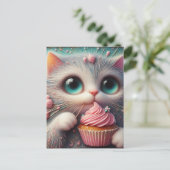 Carte Postale Adorable Kitty avec un gâteau rose (Debout devant)