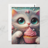 Carte Postale Adorable Kitty avec un gâteau rose (Devant / Derrière)