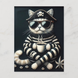 Carte Postale Adorable Kitty Pirate avec café