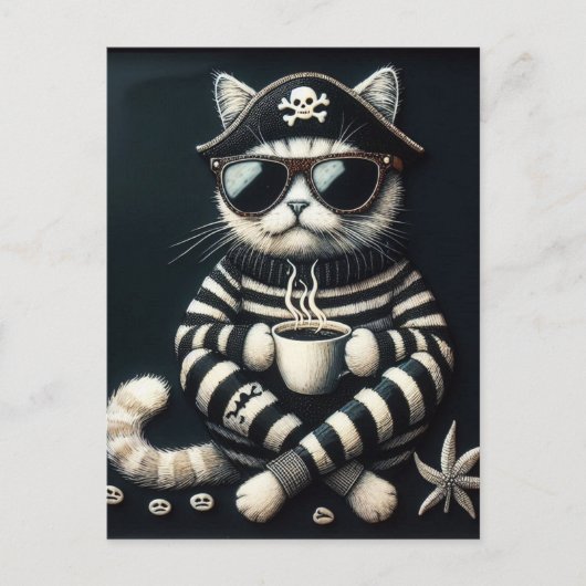 Carte Postale Adorable Kitty Pirate avec café (Devant)