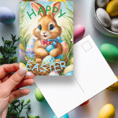 Carte Postale Adorable lapin de Pâques en panier avec oeufs