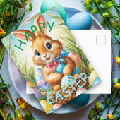 Carte Postale Adorable lapin de Pâques en panier avec oeufs