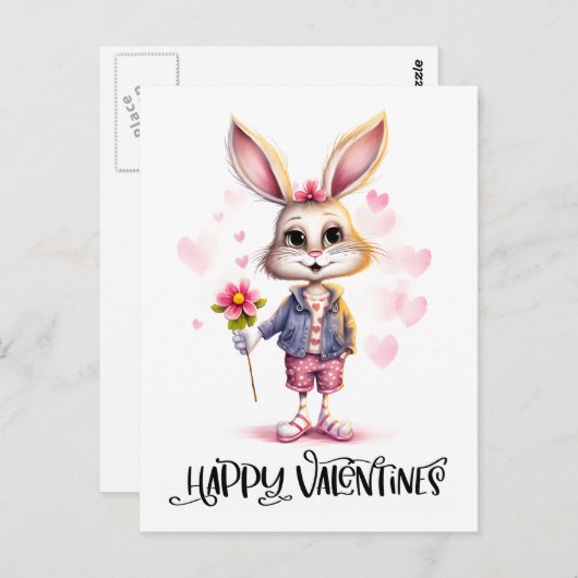 Carte Postale Adorable Mignonne Valentine Rabbit Fleurs roses (Devant / Derrière)