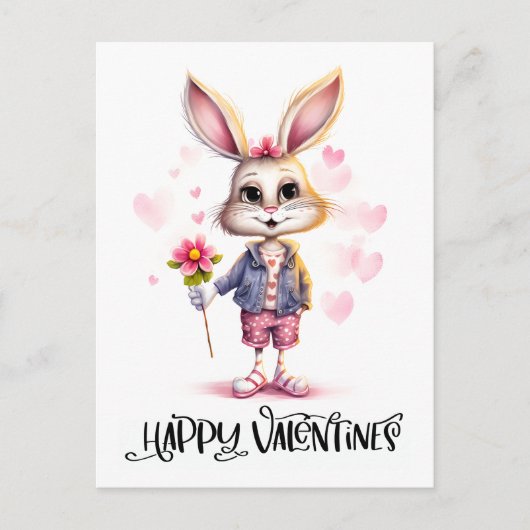 Carte Postale Adorable Mignonne Valentine Rabbit Fleurs roses (Devant)